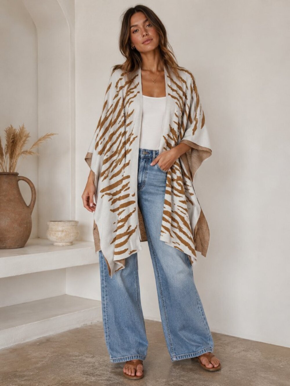 Chico’s Kimono Shawl Sweater White Brown Animal Print Medium